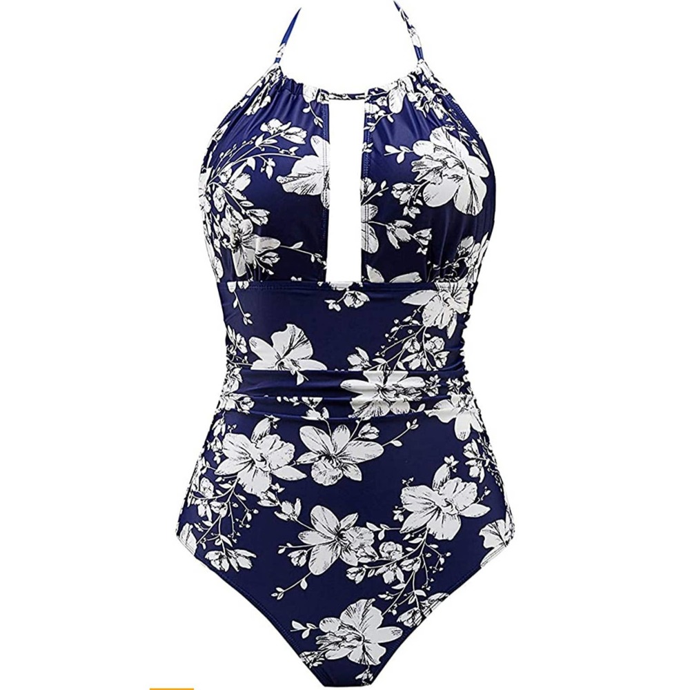 Blue & White Floral Swimsuit Tummy Control Swimwear V Neck Bathing Suit XXL